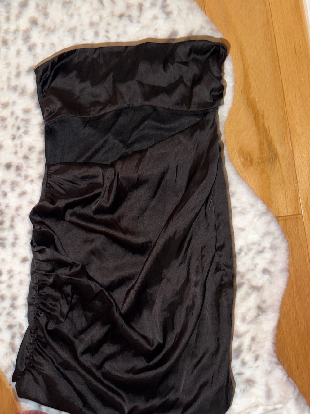 Women's Black Strapless Satin Mini Dress with Cut Out